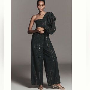 FARM Rio One-Shoulder Black Jumpsuit with Metallic Stripe Accents